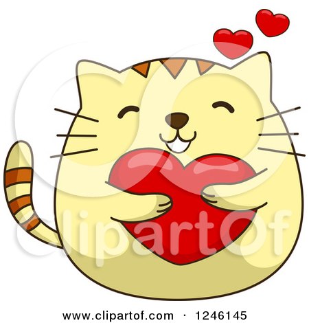 Clipart of a Yellow Kitty Cat Hugging a Heart - Royalty Free Vector Illustration by BNP Design Studio