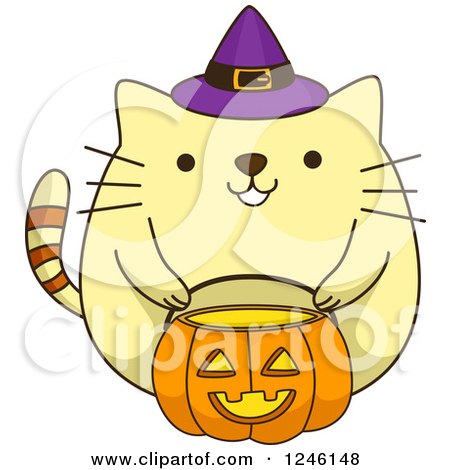 Clipart of a Yellow Halloween Kitty Cat Wearing a Witch Hat - Royalty Free Vector Illustration by BNP Design Studio