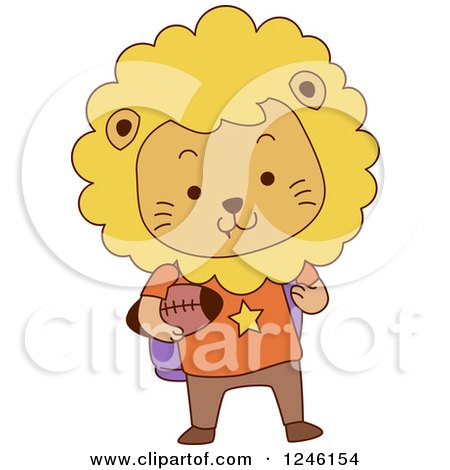 Clipart of a Cute School Lion Boy Holding a Football - Royalty Free Vector Illustration by BNP Design Studio
