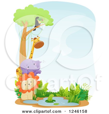 Clipart of African Safari Party Animals at a Watering Hole - Royalty Free Vector Illustration by BNP Design Studio