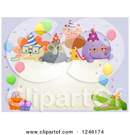 Clipart of Safari Party Animals Around a Blank Sign - Royalty Free Vector Illustration by BNP Design Studio