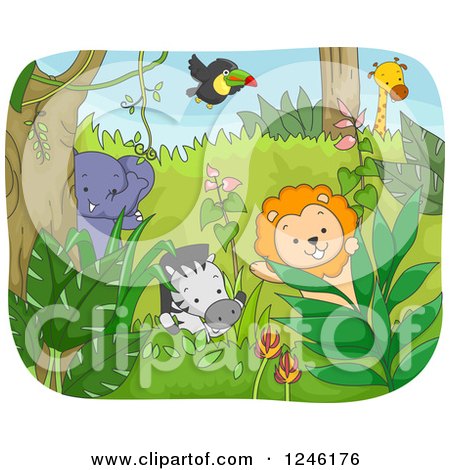 Clipart of African Safari Animals in a Jungle - Royalty Free Vector Illustration by BNP Design Studio