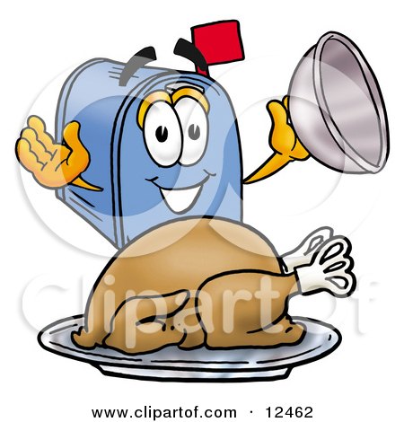 Clipart Picture of a Blue Postal Mailbox Cartoon Character Serving a Thanksgiving Turkey on a Platter by Mascot Junction