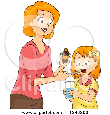 Clipart of a Caucasian Mother Giving Her Daughter Vitamins or Supplements - Royalty Free Vector Illustration by BNP Design Studio