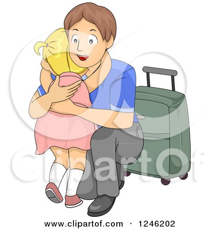 Clipart of a Young Father Crouching to Hug His Daughter Goodbye Before Leaving on a Trip - Royalty Free Vector Illustration by BNP Design Studio