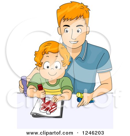 Clipart of a Caucasian Father Coloring with His Son - Royalty Free Vector Illustration by BNP Design Studio