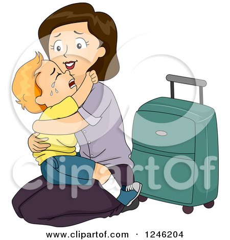 Clipart of a Mom Kneeling to Hug Her Crying Son Goodbye Before Traveling - Royalty Free Vector Illustration by BNP Design Studio