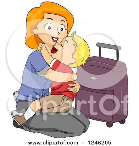Clipart of a Mom Kneeling to Hug Her Son Goodbye Before Traveling - Royalty Free Vector Illustration by BNP Design Studio