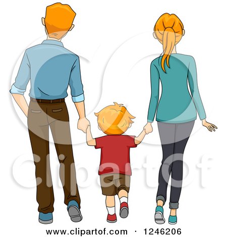 Clipart of a Rear View of a Caucasian Boy and His Parents Holding Hands and Walking - Royalty Free Vector Illustration by BNP Design Studio