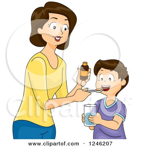 Clipart of a Mother Giving Her Son Medicine or Vitamin Supplements - Royalty Free Vector Illustration by BNP Design Studio