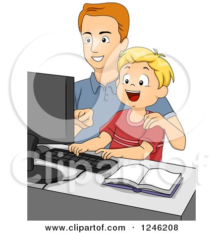 Clipart of a Caucasian Father and Son Using a Computer - Royalty Free Vector Illustration by BNP Design Studio
