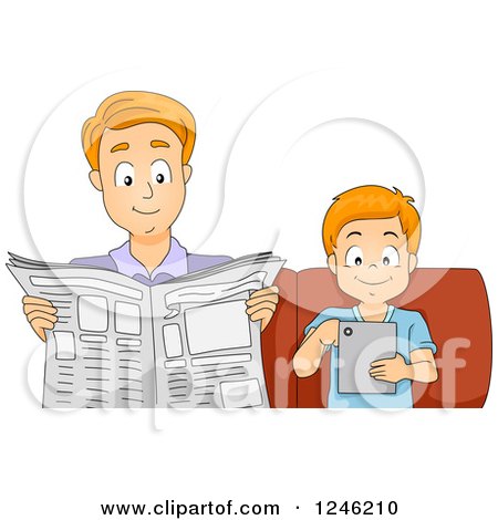 Clipart of a Father and Son Reading News on a Tablet and on Paper - Royalty Free Vector Illustration by BNP Design Studio