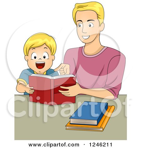 Clipart of a Happy Fathera Nd Son Reading a Book - Royalty Free Vector Illustration by BNP Design Studio