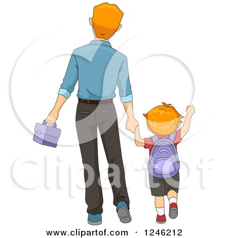 Clipart of a Rear View of a Father Walking His Son to School - Royalty Free Vector Illustration by BNP Design Studio