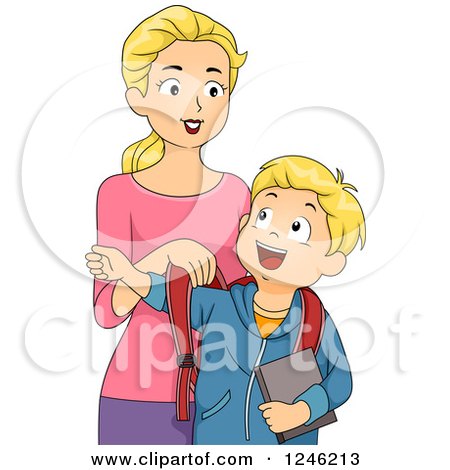 Clipart of a Blond Mother Putting Her Son's Backpack on - Royalty Free Vector Illustration by BNP Design Studio