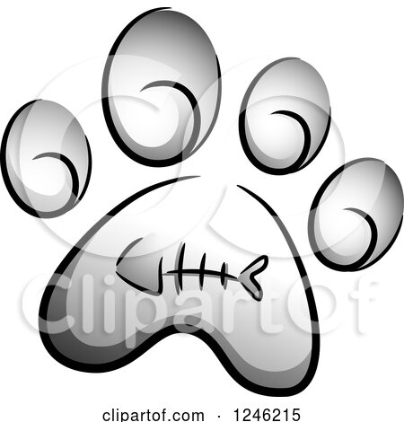Clipart of a Grayscale Cat Paw Print with a Fish Bone - Royalty Free Vector Illustration by BNP Design Studio
