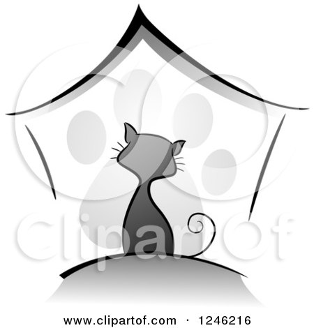 Clipart of a Grayscale Kitty Cat over a House and Paw Print - Royalty Free Vector Illustration by BNP Design Studio