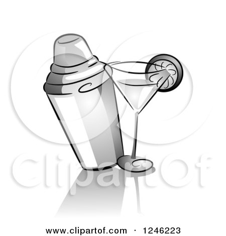 Clipart of a Grayscale Cocktail Shaker and Drink - Royalty Free Vector Illustration by BNP Design Studio