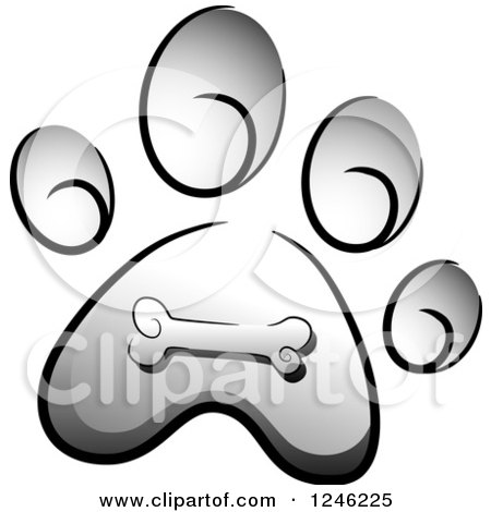 Clipart of a Grayscale Dog Paw Print With a Bone - Royalty Free Vector Illustration by BNP Design Studio