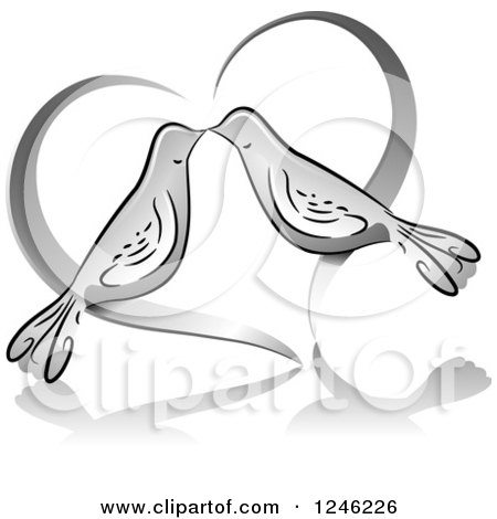 Clipart of a Grayscale Heart with a Dove Couple - Royalty Free Vector Illustration by BNP Design Studio