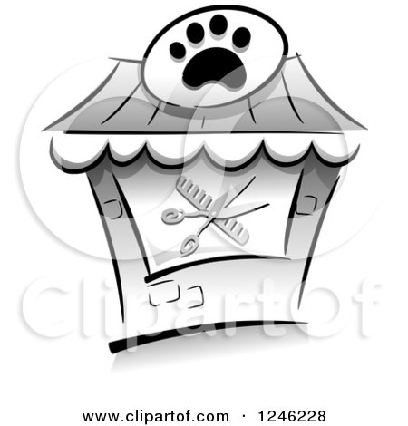 Clipart of a Grayscale Pet Salon Building - Royalty Free Vector Illustration by BNP Design Studio