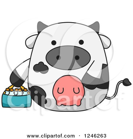 Clipart of a Dairy Cow with a Basket of Milk Bottles - Royalty Free Vector Illustration by BNP Design Studio