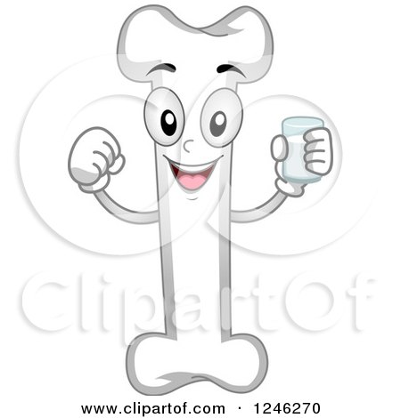 Clipart of a Strong Bone Character Holding a Glass of Milk - Royalty Free Vector Illustration by BNP Design Studio