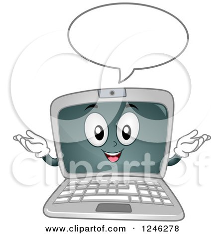 Clipart of a Cartoon Laptop Computer Character Talking - Royalty Free Vector Illustration by BNP Design Studio