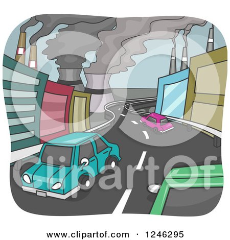 Clipart of a Road with Cars Through a Polluted City - Royalty Free Vector Illustration by BNP Design Studio