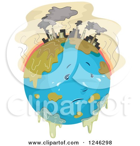 Clipart of a Depressed Polluted Planet Earth with Factories and Chemicals - Royalty Free Vector Illustration by BNP Design Studio