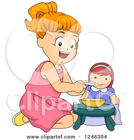 Clipart of a Happy Red Haired Girl Feeding Her Doll - Royalty Free Vector Illustration by BNP Design Studio