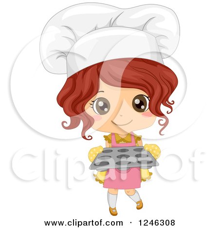 Clipart of a Cute Toddler Chef Girl Holding a Cupcake Tray - Royalty Free Vector Illustration by BNP Design Studio