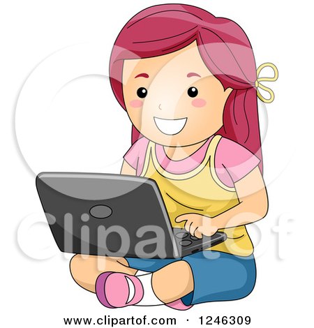 Clipart of a Happy Caucasian Girl Using a Laptop on the Floor - Royalty Free Vector Illustration by BNP Design Studio