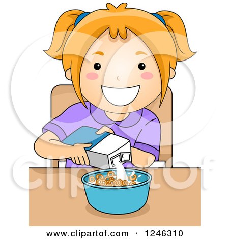 Clipart of a Happy Caucasian Girl Pouring Milk into Her Cereal - Royalty Free Vector Illustration by BNP Design Studio