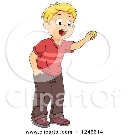 Clipart of a Blond Caucasian Boy Holding up a Coin - Royalty Free Vector Illustration by BNP Design Studio