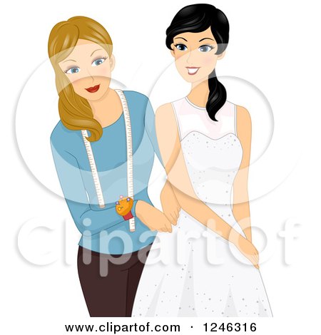 Clipart of a Wedding Dress Maker Measuring a Bride to Be - Royalty Free Vector Illustration by BNP Design Studio