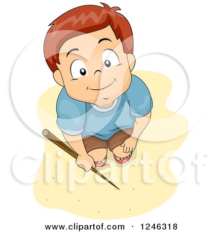 Clipart of a Boy with a Stick, Looking up on a Beach - Royalty Free Vector Illustration by BNP Design Studio