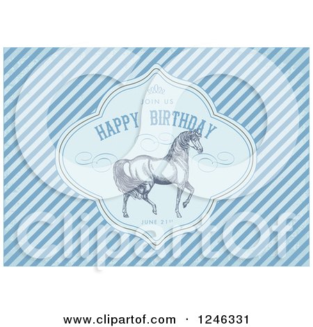 Clipart of a Prancing Horse in a Happy Birthday Frame with Sample Text over Diagonal Blue Stripes - Royalty Free Vector Illustration by BestVector