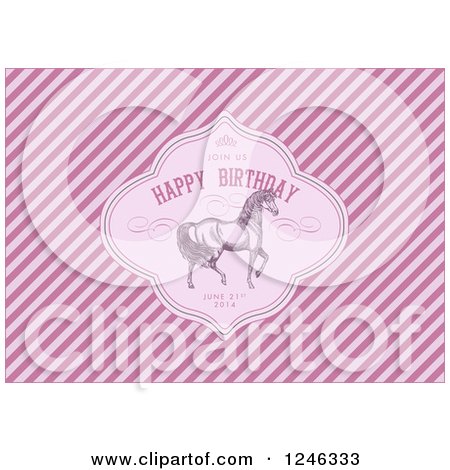 Clipart of a Prancing Horse in a Happy Birthday Frame with Sample Text over Diagonal Pink Stripes - Royalty Free Vector Illustration by BestVector
