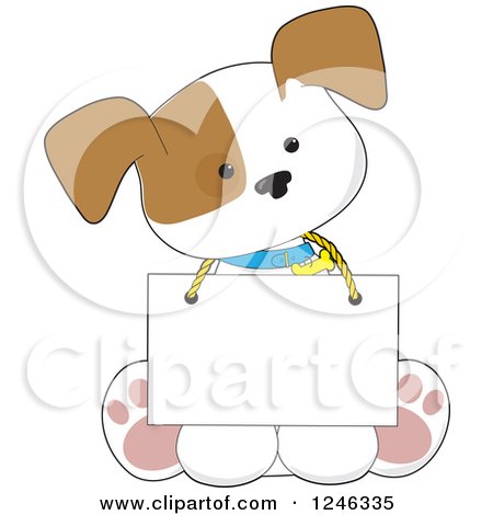 Clipart of a Cute Puppy Dog Sitting with a Sign Around His Neck - Royalty Free Vector Illustration by Maria Bell