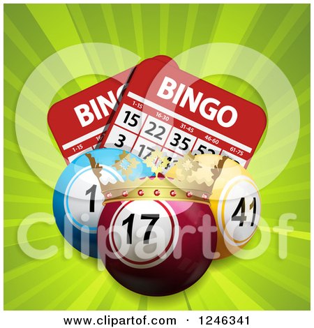 Clipart of a Crowned Bingo Balls with Cards on Green Rays - Royalty Free Vector Illustration by elaineitalia