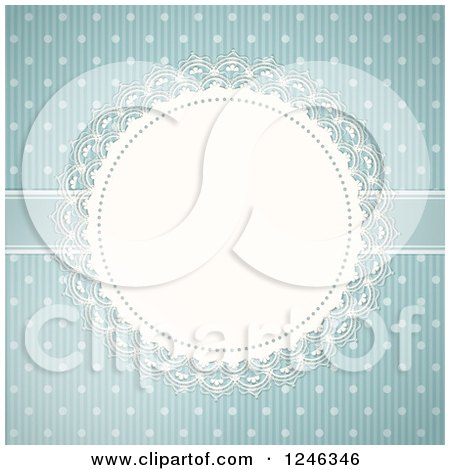 Clipart of a Lacy Doily over Vintage Polka Dots and Blue Stripes - Royalty Free Vector Illustration by elaineitalia