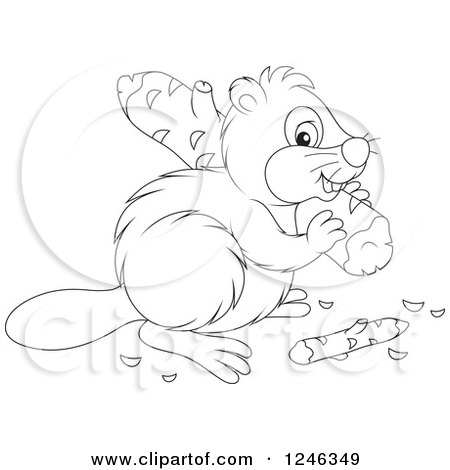Clipart of a Black and White Beaver Carrying a Log - Royalty Free Vector Illustration by Alex Bannykh