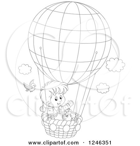 Clipart of a Black and White Bird by a Boy and Dog Flying in a Hot Air Balloon - Royalty Free Vector Illustration by Alex Bannykh