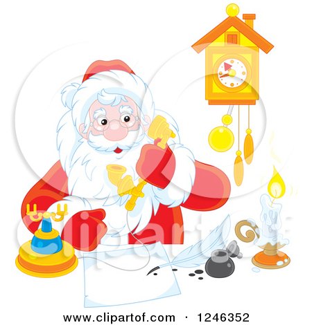 Clipart of Santa Taking a Phone Call While Writing at a Desk - Royalty Free Vector Illustration by Alex Bannykh