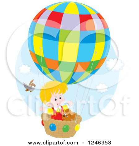 Clipart of a Bird by a Boy and Dog Flying in a Hot Air Balloon - Royalty Free Vector Illustration by Alex Bannykh