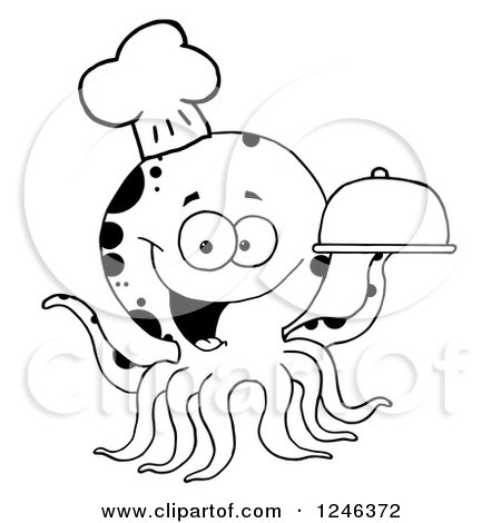 Clipart of a Happy Black and White Chef Octopus Holding a Cloche Platter - Royalty Free Vector Illustration by Hit Toon