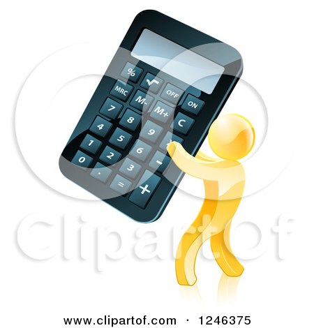 Clipart of a 3d Gold Man Holding a Giant Calculator - Royalty Free Vector Illustration by AtStockIllustration