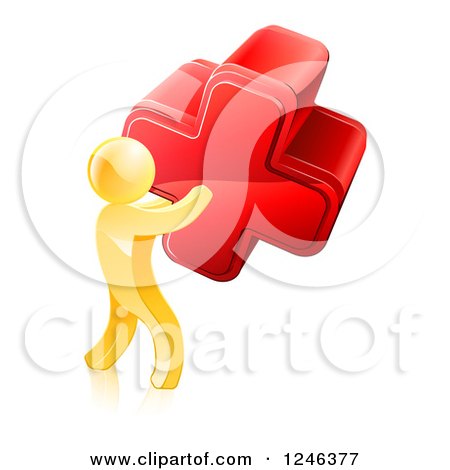 Clipart of a 3d Gold Man Carrying a Giant Red Cross X - Royalty Free Vector Illustration by AtStockIllustration