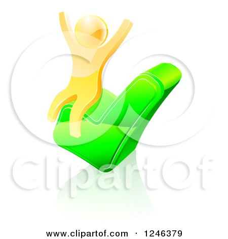 Clipart of a 3d Gold Man Cheering on a Check Mark - Royalty Free Vector Illustration by AtStockIllustration